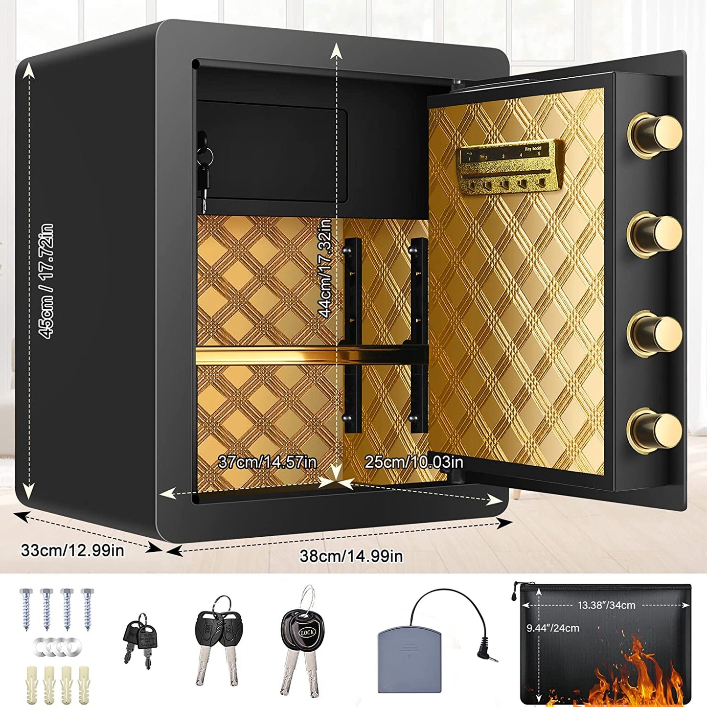 2.12 Cub Fireproof Waterproof, Security Home Safe with Fireproof Document Bag ,Inner Cabinet and LCD Display, Large Safe Box for Money Jewelry Documents