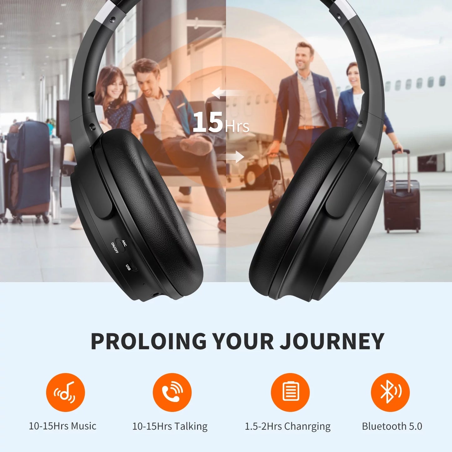 Noise Cancelling Headphones, Wireless Bluetooth over Ear Headphones with Microphone, Black, Q8