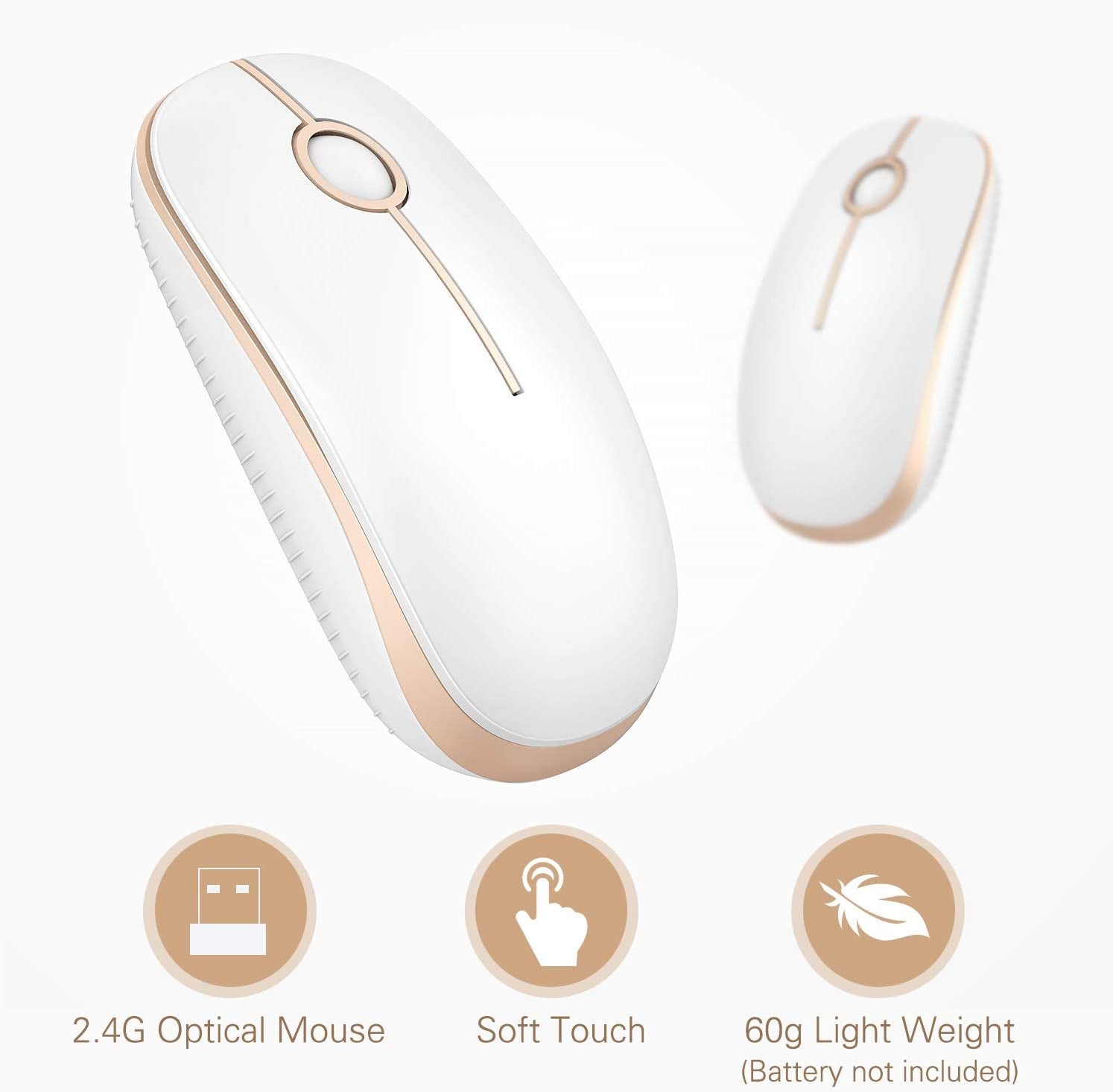 Wireless Mouse,  2.4G Slim Portable Computer Mice with Nano Receiver for Notebook, PC, Laptop, Computer (White and Gold)